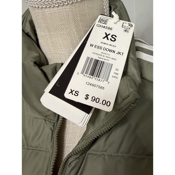 NEW adidas Women's Olive/White Essential 3-Stripe Light Down Jacket Coat Size XS - Picture 3 of 3